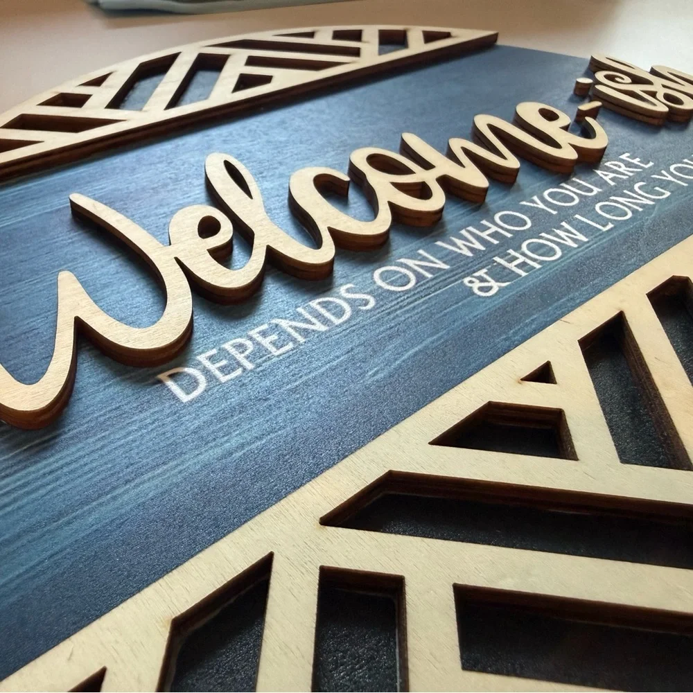 Wooden Welcome Sign with Geometric Design‎